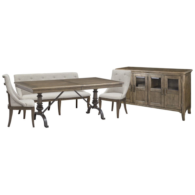 Extendable Rectangular Dining Table With 2 Arm Chairs Bench And Buffet, 5 Pieces: Table, 2 Chairs, Bench, Sideboard