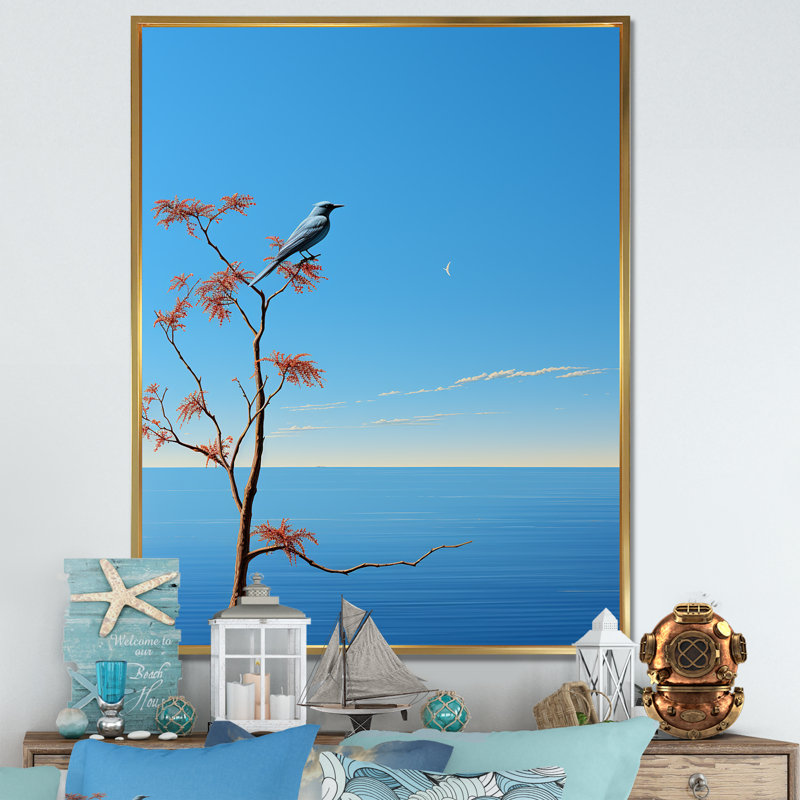 Horizon côtier de mouette sur toile, H 20 po x l 12 po x P 1 po, Cadre flottant doré