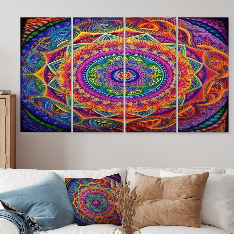 «Red», mauve, vert, mandala divin - art mural mandala boho 4 pièces, H 28 po x l 48 po