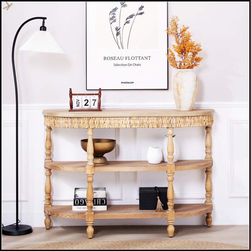 Console en bois fabriquée à la main avec garniture tissée à la main, tablettes de rangement à 3 niveaux, table d'entrée ovale avec pieds sculptés, table d'appoint rustique Coastal Farmhouse, table de canapé d'entrée de 49 pouces