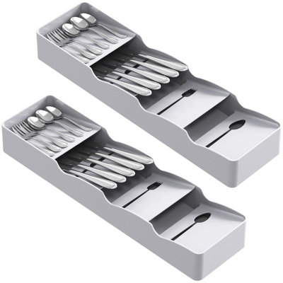 Organisateur de tiroir compact pour couverts, plateau étroit pour couverts de cuisine, porte-couverts en plastique pour cuillères, fourchettes et couteaux, rangement pour ustensiles, paquet de 2, gris