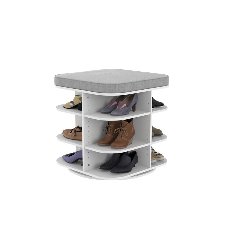 White Rotating Shoe Storage Bench with Gray Cushion