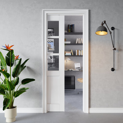 Interior Sliding Pocket Door Solid Core White Primed 6-Lite Clear Glass Sliding Door With Soft-Close And Frame For Kitchen & Living Room
