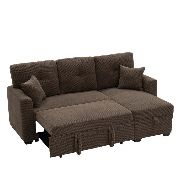 Canapé modulaire peu encombrant avec méridienne réversible et lit escamotable, Tissu café, Left Hand Facing