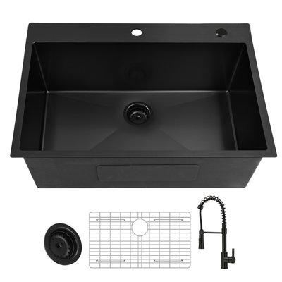 30" Pure Black Topmount Kitchen Sink, 16 Gauge Stainless Steel Single Bowl Kitchen Sink W/ Kitchen Faucet