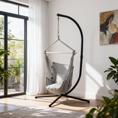 Hanging Hammock Chair, Cotton Rope Swing Chair with 2 Cushions, Side Pocket and Hardware Kit, 500lbs Capacity