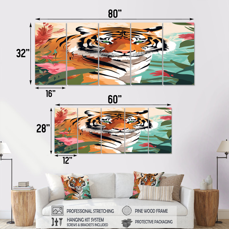 Ensemble de 5 décorations murales Navin - Tigre, H 28 po x l 60 po
