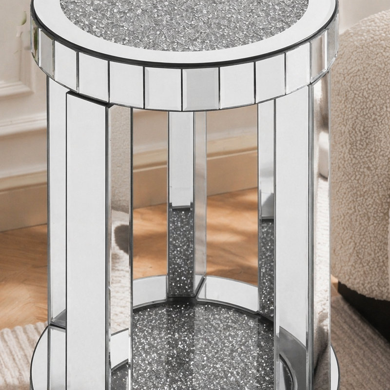 Table ronde en miroir avec incrustation de cristal, petit canapé moderne à 2 couches avec espace de rangement, table décorative argentée convenant au salon, à la chambre à coucher, au café et aux petits espaces