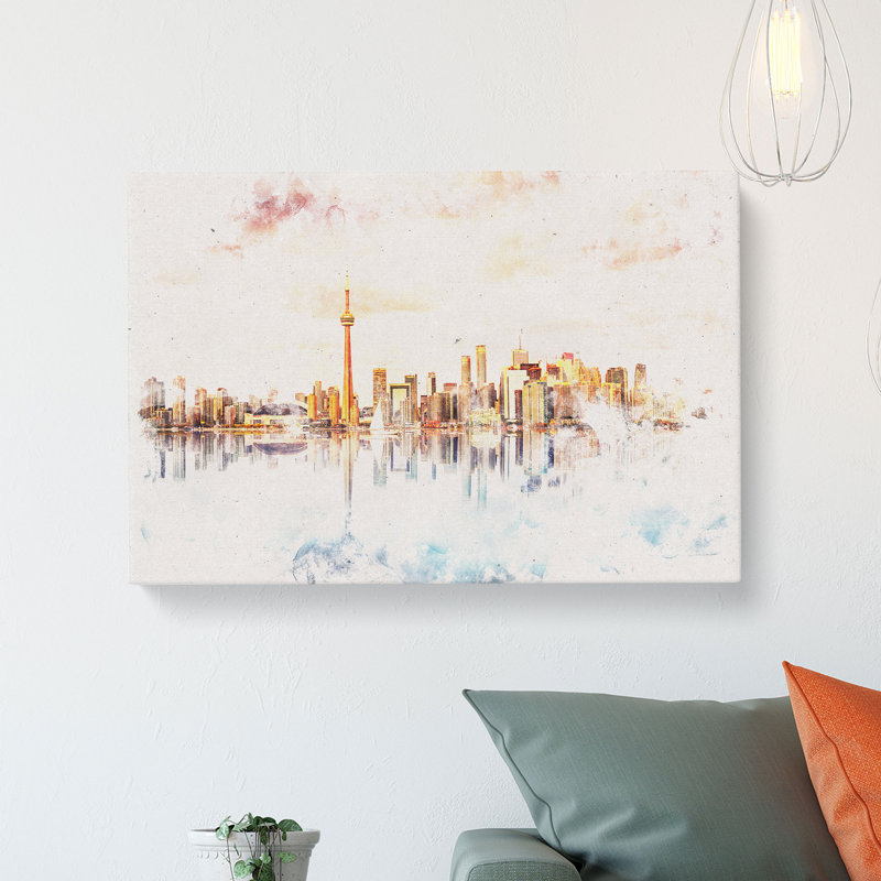 Reflection of the Toronto Skyline Watercolour - Wrapped Canvas, 50cm H x 76cm W x 3cm D