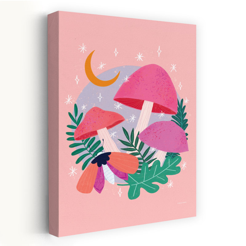 Champignons poussant sous la lune, fantaisiste, contemporain, papillon de nuit, art naturel, H 36 po x l 24 po
