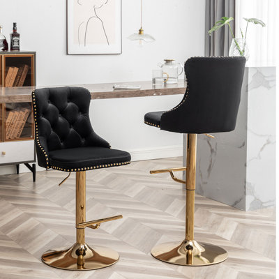Gold Velvet Bar Stools Set Of 2, Swivel Counter Height Bar Stools With Nailheads Trim And Button, Adjustable Barstools For Kitchen Island, Pub, Club