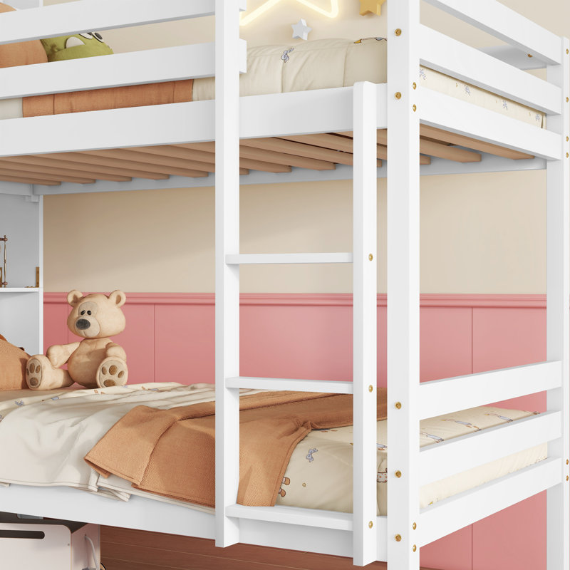 Twin Over Twin Bunk Bed with Shelves, White