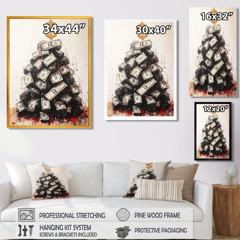 Argent comptant arbre de Noël - loup de Wall Street, Toile encadrée noire simple, H 40 po x l 30 po x P 1,5 po