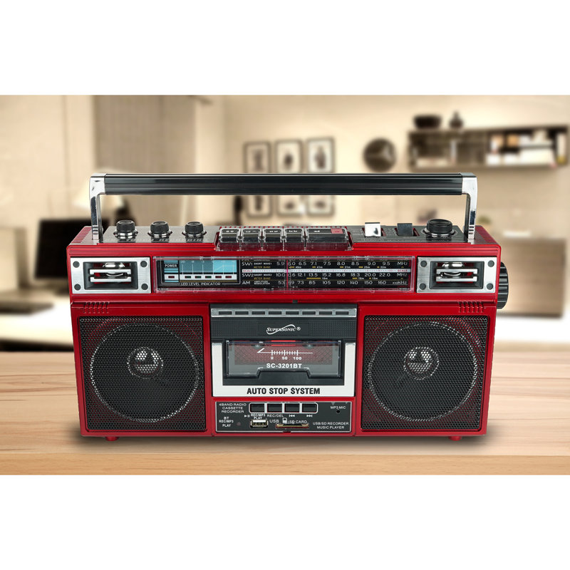 Supersonic® SC-3201BT Retro Bluetooth® Cassette/AM/FM/Shortwave Boom Box, Red, Red