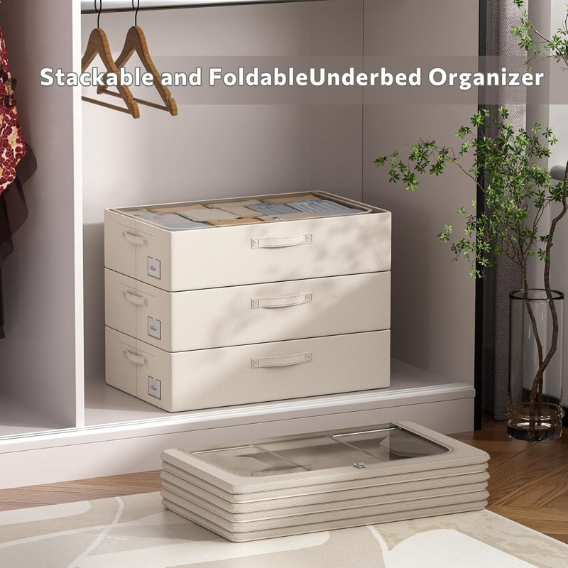 3-Piece Under-Bed Storage Bin Set (with Metal Frame) and Clear Lids (Beige, 23.5 x 15.7 x 6.3 inches)