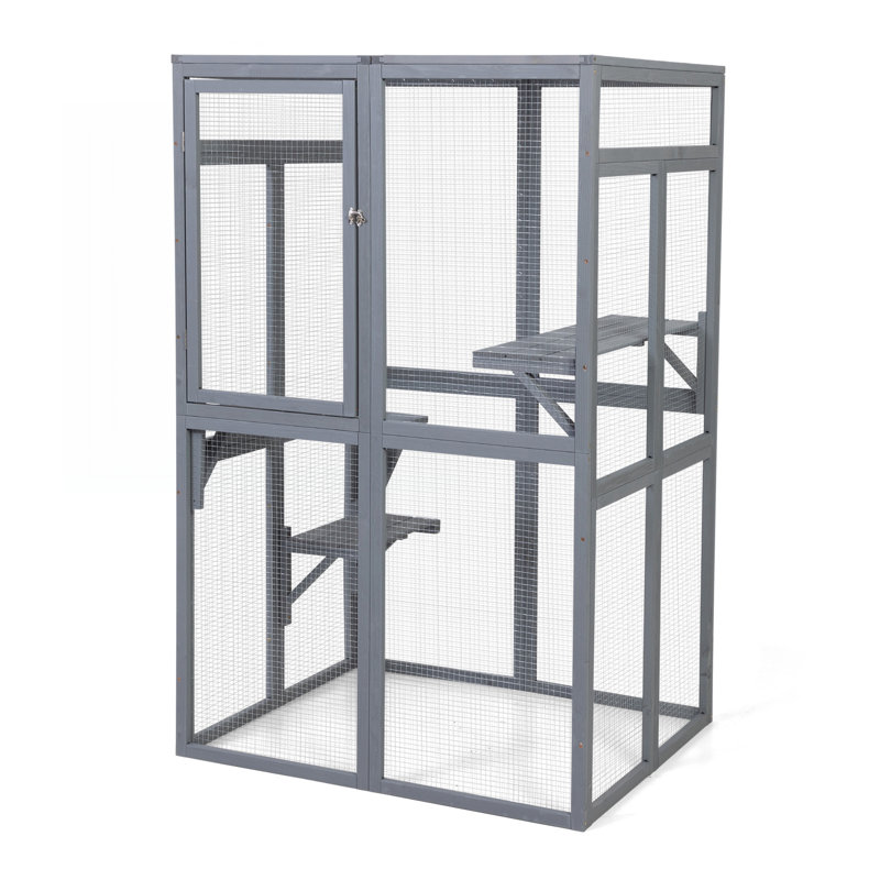 Cage à chat grise avec plateformes, protection confortable et solaire, résistance aux intempéries extérieure en bois fiable