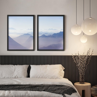 Framed Wall Art Print Blue Pastel Gradient Mountain Range & Skyline Nature Photography Landscape Illustration Decorative for Living Room, Bedroom, Office