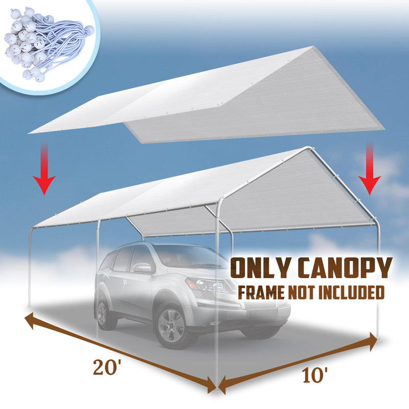 10' X 20' Carport Replacement Top Canopy Cover, UV Resistant And Water Resistant Car Port Portable Tent Cover With Ball Bungee, White, Only Cover