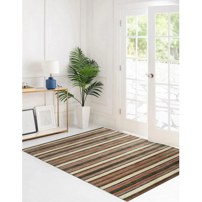 Tapis contemporain rayé multicolore en laine noué à la main 5 x 8