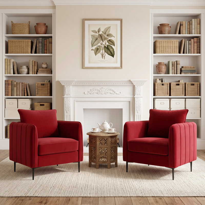 Chaises d'appoint en velours avec coussin épais et structure en bois, rouge, 2