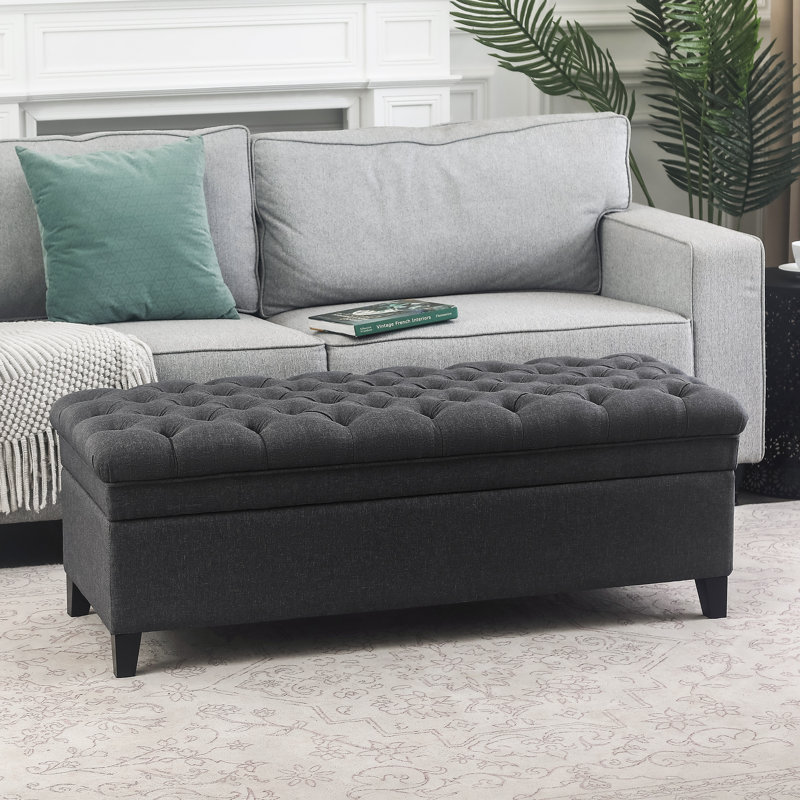 Rodrick 47'' Wide Tufted Rectangle Storage Ottoman, Gray, Black