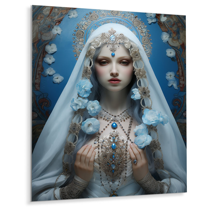 Seren Sainte Marie céleste fleurs bleues - art mural Christianisme, Métal métal, H 32 po x l 16 po x P 1 po