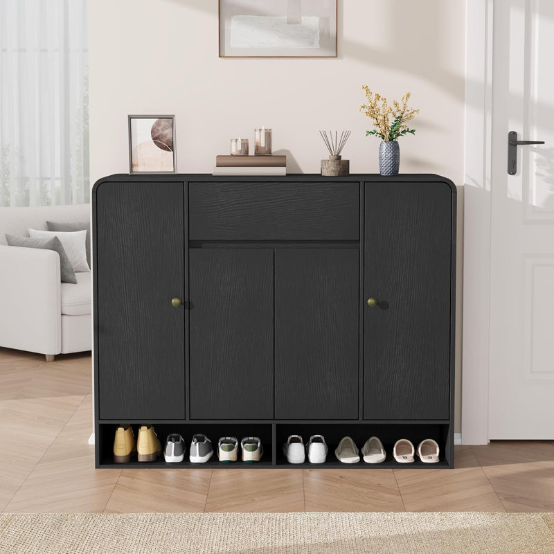 47.2" Shoe Cabinet with 4 Doors & 1 Drawer, Entryway Storage Organizer, Black, Black