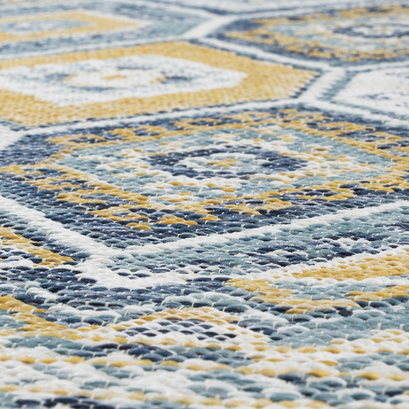 Deltufo Geometric Reversible Flatweave Indoor / Outdoor Area Rug, Rectangle 2' x 3', Navy/Yellow