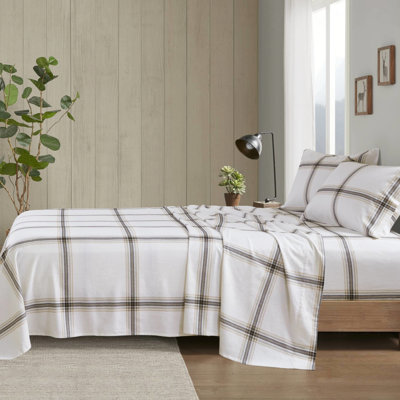 4 Pcs Full Sheet 100% Cotton Flannel Twin/Full Fitted Up To 12" Tan Plaid Queen/King/ King 14" Soft Velvet Feel With 1 Flat 2 Pillowcases Fully Elasticized Machine Washable - No Chemicals