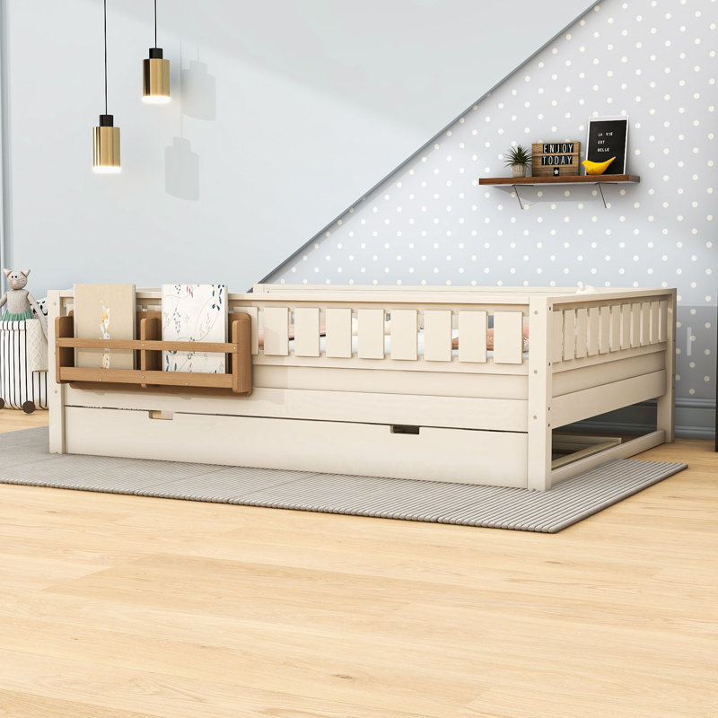 Lit en bois avec bibliothèque et lit gigogne simple TG, Queen, Beige