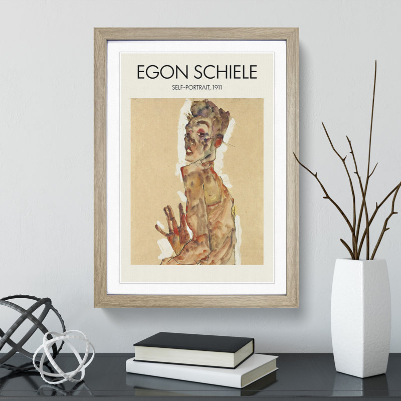 Self Portrait Vol.3 by Egon Schiele - Picture Frame Painting, 36cm H x 27cm W x 2cm D, Oak