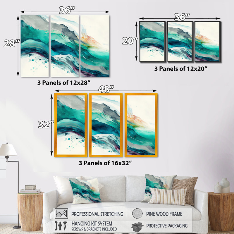 "Celebrations In Turquoise Shades Of Blue II", ensemble d'art mural abstrait à l'encre liquide, H 32 po x l 48 po x P 1 po