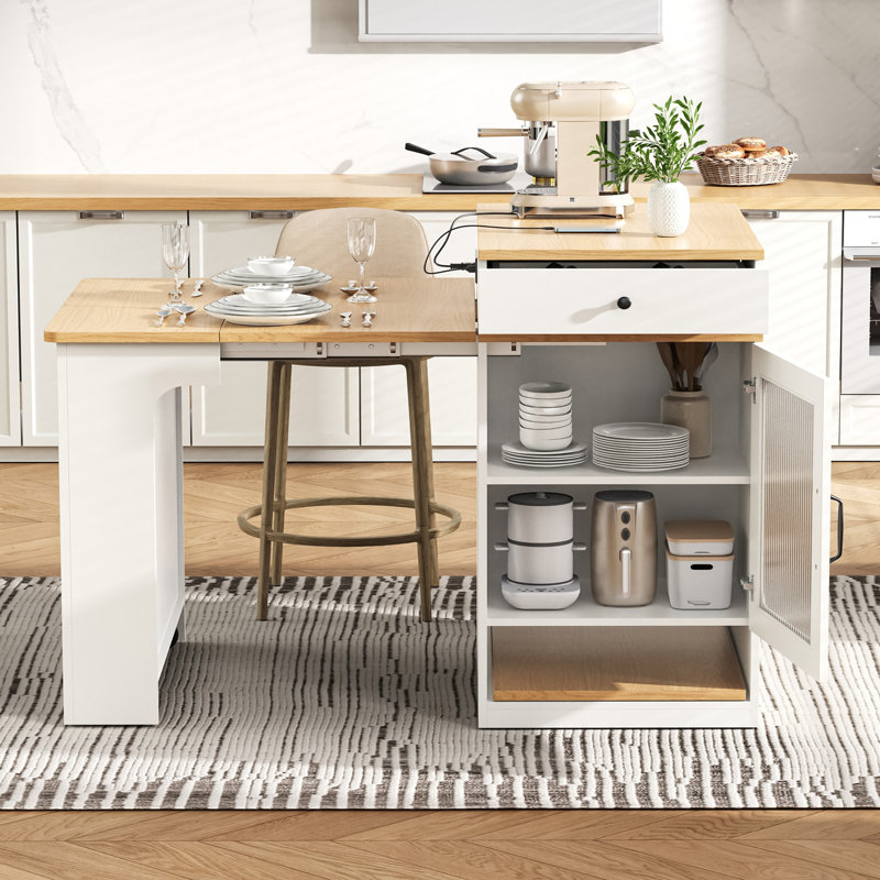 59.5" Kitchen Island With Extendable Dining Table - Double-sided Storage, 2 Drawers, Power Outlet & Side Open Shelves, White - Kitchen Dining Room Furniture