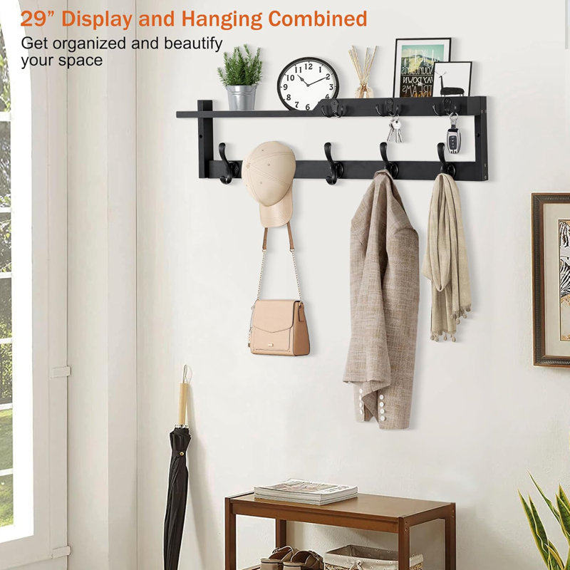 Wall Mounted Coat Rack With Shelf, Key Hooks And Mail Holder - Multi-Functional Entryway Organizer, Floating Shelf With Storage For Hats, Coats And Keys - Durable Solid Wood Construction