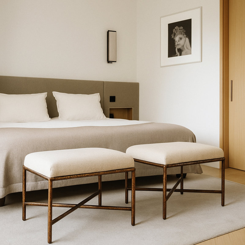 Banc en tissu Iyania Chenille, Tissu chenille beige, Bronze