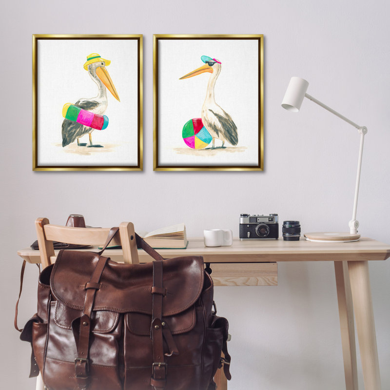 «Pelicans & Beach Floats», ensemble de 2 toiles flottantes encadrées par June Erica Vess, Cadre flottant métallique doré