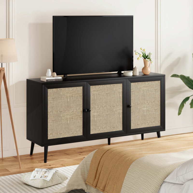Sideboard Buffet Cabinet With 3 Rattan Doors,Modern Kitchen Storage Console Cabinet For Entryway Living Room, Black