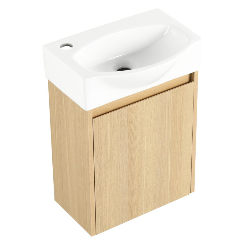 Petite armoire de salle de bain 16 po avec lavabo en céramique, meuble-lavabo moderne en chêne pour les espaces compacts, facile à entretenir, salle de bain élégante et élégante, charnière à entretenir