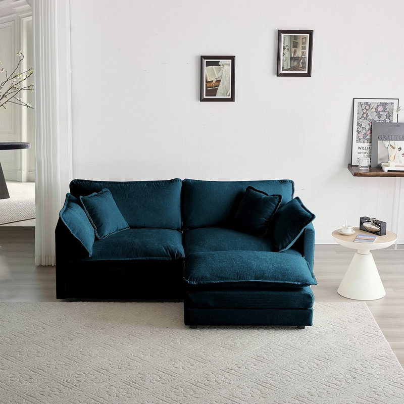 Chenille Two-Seater Sofa With 1 Footrest, 2 Seater L-Shaped Sectional With Ottoman,Loveseat With Ottoman For Small Living Space Chenille