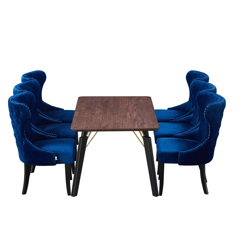 Bootle 6 Person Dining set - a Rectangular Wooden Dining Table with Metal Legs and a Set of 6 Quilted Velvet Dining Chairs for Dining Room - Modern Dining Table Set