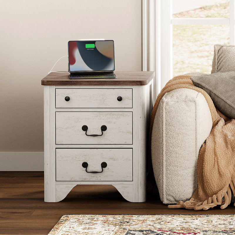 Farmhouse Wood Nightstand With Built-In Charging Station,3-Drawer End Table For Bedroom, Living Room,Entryway, White