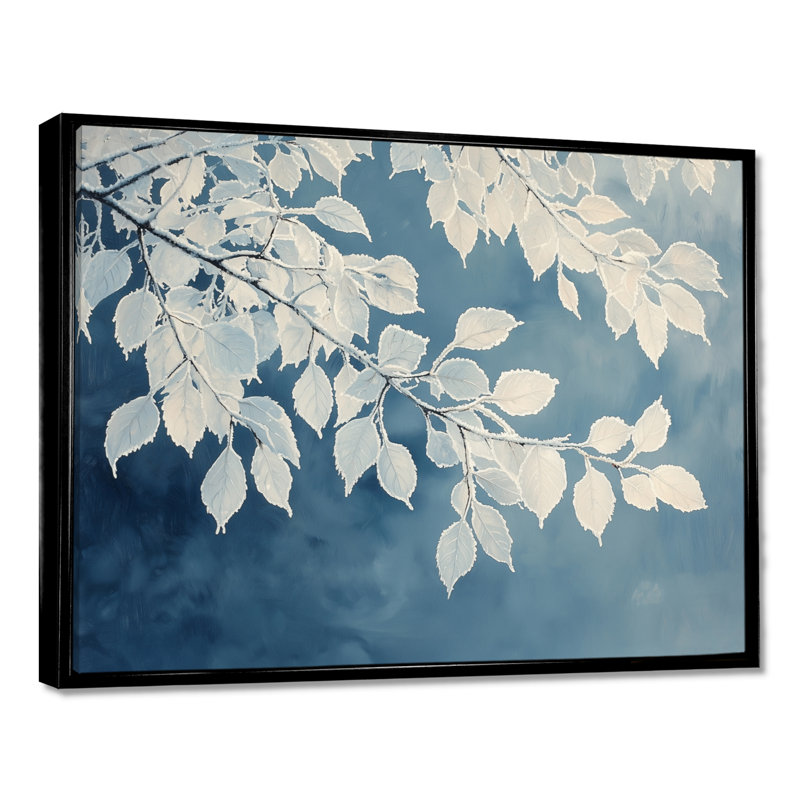 «White Frosted Leaves Branches III», art mural sur toile, H 34 po x l 44 po, Impression encadrée flottante, Noir