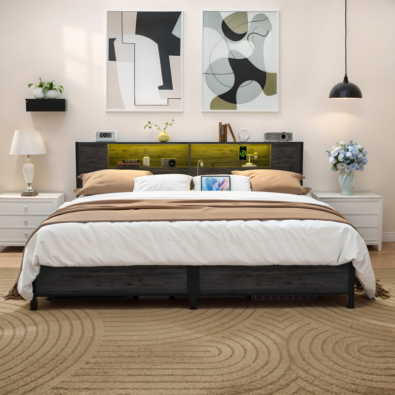 Kailynn Metal Bed Frame with Headboard, LED Lights and USB Ports, Large Storage Space, Gray, King