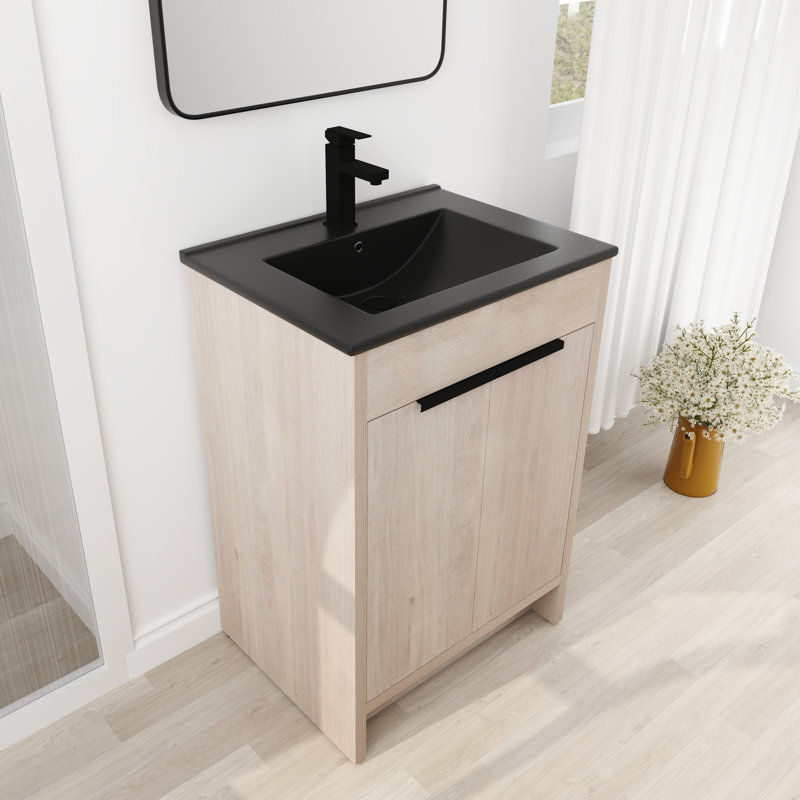 Ensemble de meuble-lavabo simple Addisun, Noir, noir, noir, noir, Chêne clair uni, 24"