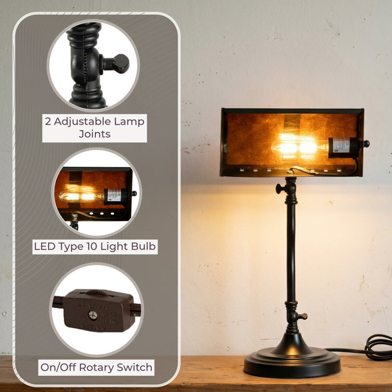 Laux 14" Banker's Lamp - Mission-Style LED Table or Desk Light with Amber Mica Shade and Bulb - Classic Vintage-Look Accent Decor (Black)