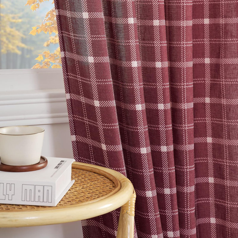 Rustic Grid Pattern Linen Light Filtering Plaid Curtains for Living Room Dining Room, Farmhouse Rod Pocket Back Tab Semi Sheer Window Curtains, 1 Pair