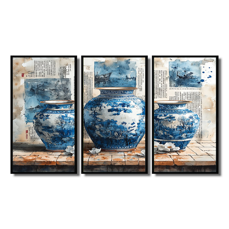 Ensemble de décorations murales China Potery II, Toile avec cadre flottant noir, H 28 po x l 36 po x P 1 po