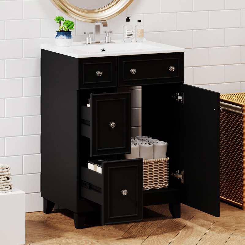 Armoire de meuble-lavabo 24 po avec lavabo en céramique et tiroir, porte, meuble-lavabo, Noir, noir, noir, noir