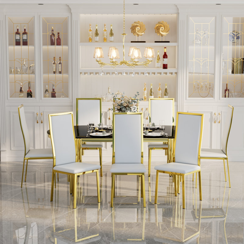 9 Pieces Luxury Dining Room Table Set, White/Gold