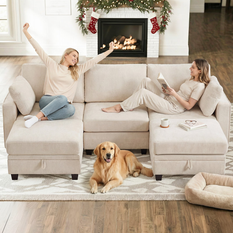 5 - Piece Chenille Modular Sectional Sofa Couch With Storage Ottomans, Beige